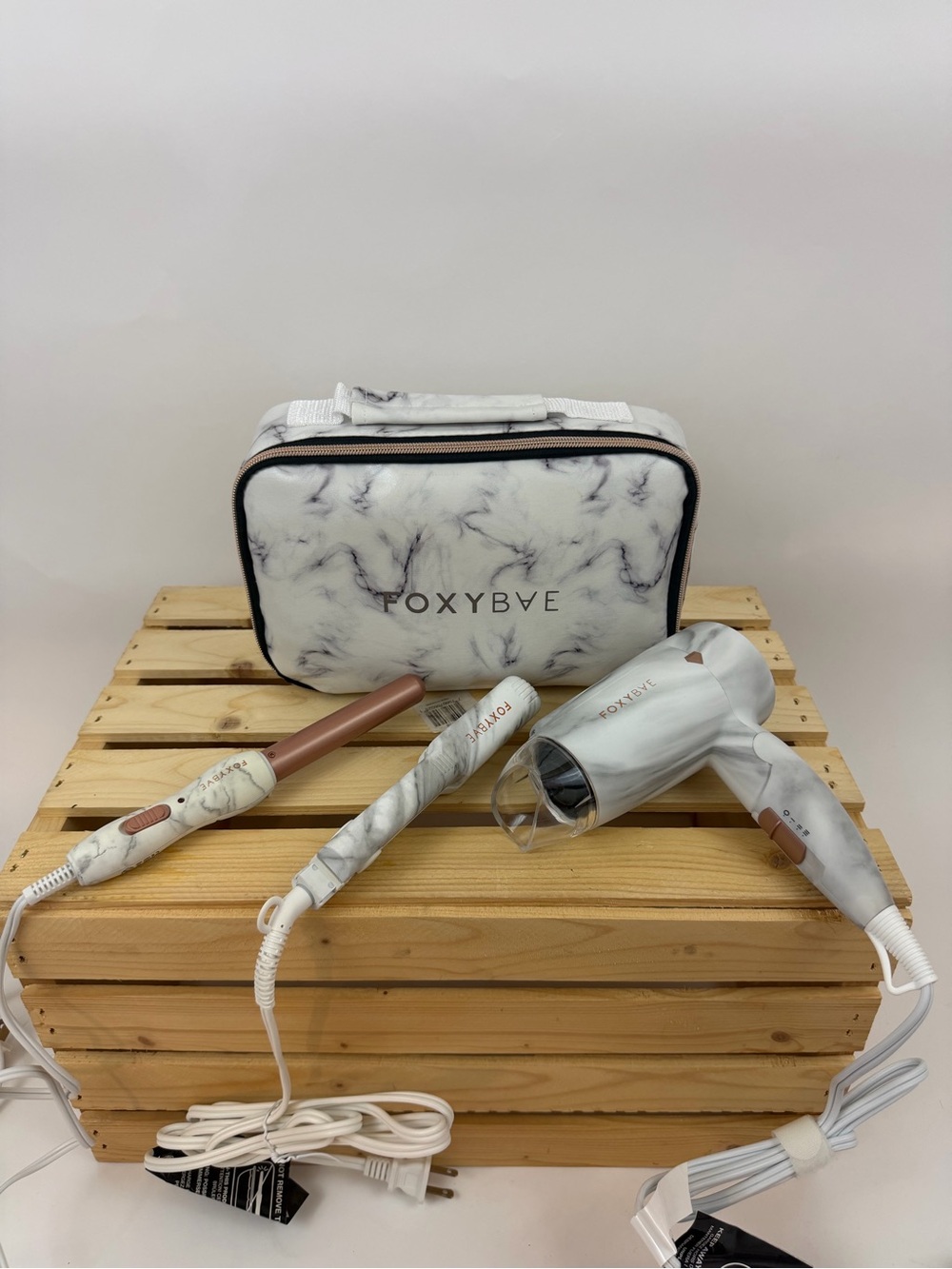 FoxyBae Marble Hair Styling Tool Set with Travel Case – Curling Wand, Flat Iron